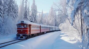 mignonne Noël train va par fantastique hiver forêt illustration ai génératif photo