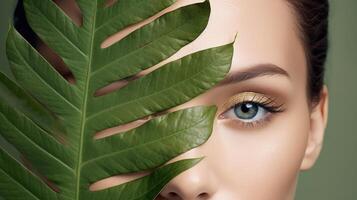 beauté portrait de femme avec plante dans studio pour bien-être. illustration génératif ai photo