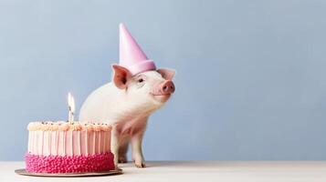 mignonne anniversaire porc avec gâteau. illustration ai génératif photo