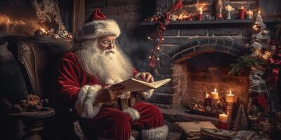 Père Noël en train de lire des lettres de les enfants. illustration ai génératif photo