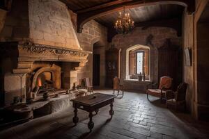 confortable cheminée dans une pièce dans une médiéval gothique château. ai généré photo