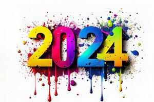 exceptionnel 2024 content Nouveau année fête bannière avec coloré 3d Nombres fabriqué de coloré peindre éclaboussures. génératif ai photo