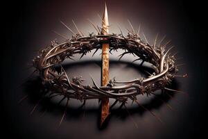 excellent une représentation de le couronne de les épines de Jésus Christ et une clou sur le saint croix, réaliste. génératif ai photo