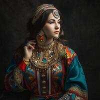 une femme portant une coloré robe avec une Collier et des boucles d'oreilles génératif ai généré photo
