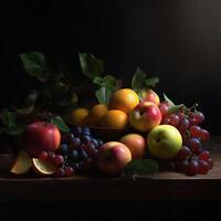 une table avec fruit et les raisins génératif ai généré photo