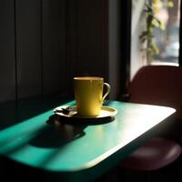 une Jaune tasse sur une vert table génératif ai généré photo