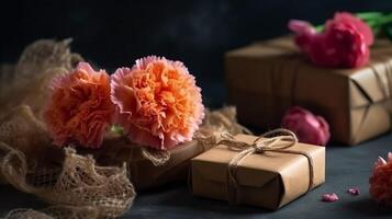 pastel œillet fleurs avec cadeau boîte, ai génératif photo