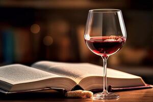 côté vue de une verre de rouge du vin sur livre, ai génératif photo