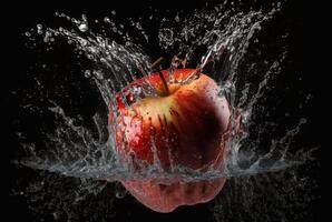 rouge Pomme avec l'eau éclaboussure isolé sur noir Contexte. génératif ai photo