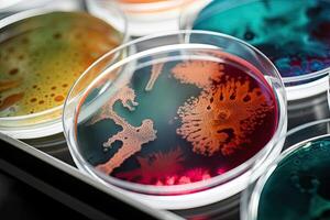 coloré variété de micro-organisme à l'intérieur pétri plat assiette dans laboratoire avec super macro Zoom arrière-plan, comprenant de bactéries, protozoaires, algues, et champignons, avec génératif ai. photo