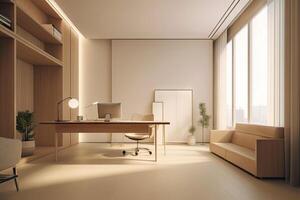 minimal intérieur moderne Bureau espace pièce avec beige confortable Ton style, décorer avec fauteuil, bureau, et rangée de des ordinateurs, vide mur pour moquer en haut et bannière, avec génératif ai. photo