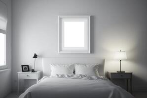 blanc vide Cadre dans chambre à coucher. génératif ai photo