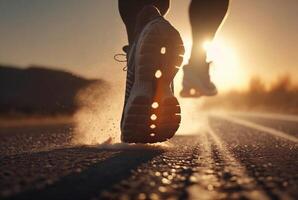 proche en haut de chaussures, les athlètes pied coureur fonctionnement sur le rue dans le Soleil dans le Matin. génératif ai photo