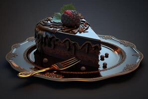 une pièce de Chocolat gâteau sur une assiette avec coutellerie. génératif ai photo