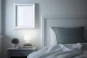 blanc vide Cadre dans chambre à coucher. génératif ai photo