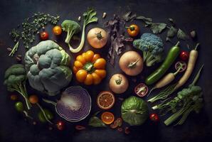 groupe de légumes, Haut vue avec esthétique arrangement, génératif ai photo