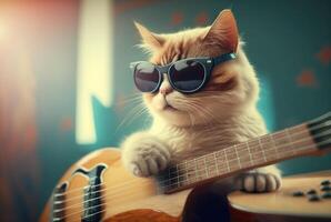 mignonne chat portant des lunettes en jouant guitare. génératif ai photo