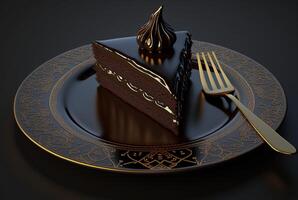 une pièce de Chocolat gâteau sur une assiette avec coutellerie. génératif ai photo