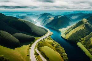 aérien vue de magnifique paysage avec bleu Lac et vert collines. génératif ai photo