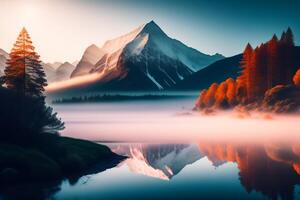 brumeux l'automne paysage avec Montagne Lac et forêt à lever du soleil. génératif ai photo