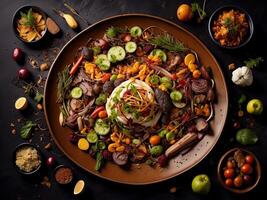 du boeuf salade avec des légumes et herbes sur une foncé Contexte. Haut voir. ai généré photo