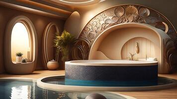 intérieur de une luxe spa avec une rond baignoire et une décoratif cambre. ai généré photo