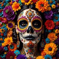 journée de le mort sucre crâne femme avec coloré fleurs arrière-plan, proche en haut. génératif ai photo