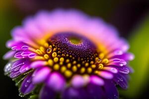 macro fermer de une fleur dans Floraison avec rosée gouttes. ai généré photo