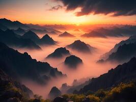 fantaisie paysage avec montagnes dans le des nuages. génératif ai photo