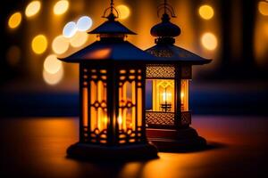 lanternes pour Ramadan kareem sur bokeh Contexte. génératif ai photo