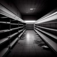 dystopique vue à vide étagères dans le marché, établi avec génératif ai photo