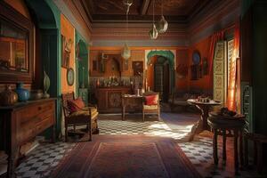 intérieur de le coloré marocain riad, établi avec génératif ai photo