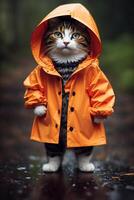 une miniature jouet chaton dans une rouge imperméable des stands dans une forêt avec une flaque de eau, dans le pluie, photoréalisme. génératif ai, génératif, ai photo