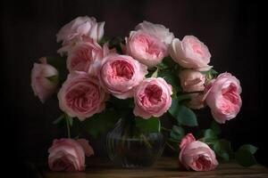 bouquet de rose des roses dans une foncé chambre, génératif ai photo