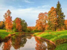 magnifique l'automne paysage avec rouge des arbres par le lac. Pavlovsk. Russie photo