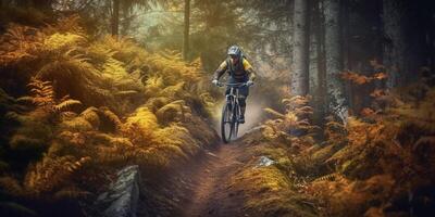 le femme motard est équitation sur le bicyclette avec ai généré. photo