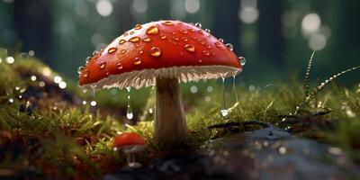 champignon avec gouttes de pluie dans le forêt avec ai généré. photo