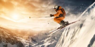 le skieur est sauter de le neige avec ai généré. photo