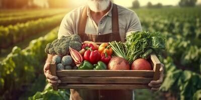 le agriculteur est en portant le en bois boîte avec ai généré. photo