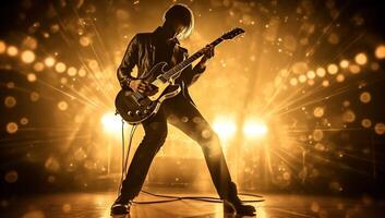 silhouette de une Roche musicien en jouant le électrique guitare sur étape avec ai généré. photo