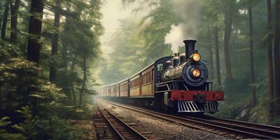 ancien vapeur train dans une brumeux forêt avec ai généré. photo