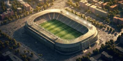 le Haut vue de football stade avec ai généré. photo