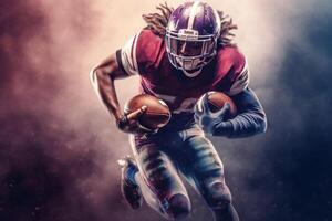 américain Football joueur dans action sur une foncé enfumé Contexte avec ai généré. photo