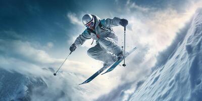 le skieur est sauter de le neige avec ai généré. photo
