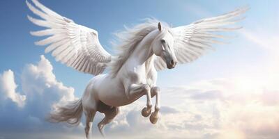 blanc cheval avec ailes en volant dans le bleu ciel avec ai généré. photo