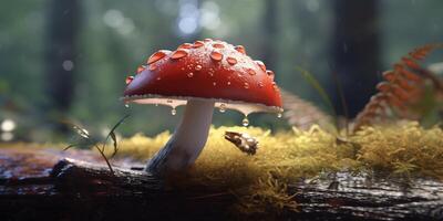 champignon avec gouttes de pluie dans le forêt avec ai généré. photo