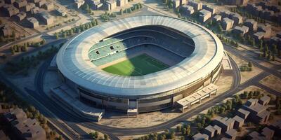 le Haut vue de football stade avec ai généré. photo