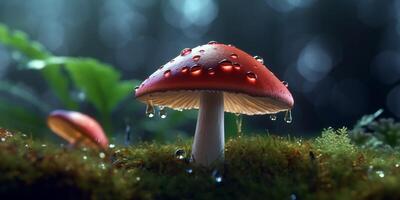 champignon avec gouttes de pluie dans le forêt avec ai généré. photo