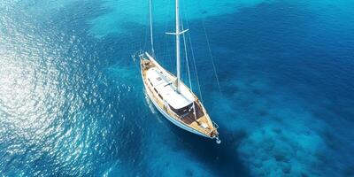 le aérien vue de une luxueux voile bateau avec ai généré. photo