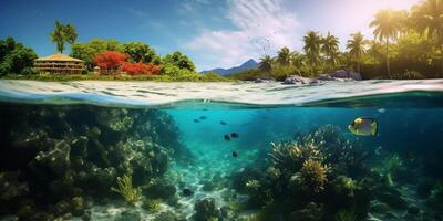 sous-marin vue de tropical île avec corail récif et sablonneux plage avec ai généré. photo